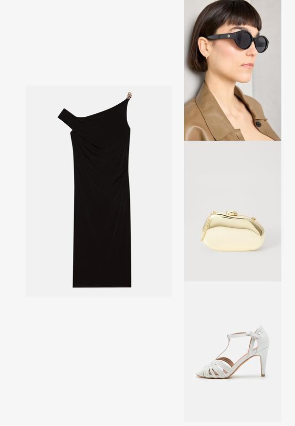 Fekete, egyvállas ruha, drapált anyagból, arany díszítéssel a vállon, sima textúrájú és térd hosszúságú kialakítással.; Fehér magassarkú szandál keresztbe fűzött pántokkal, T-alakú dizájnnal, sima felülettel és hegyes orral. Karcsú sarokkal és csatolható záródással rendelkezik.; Fekete, nyolcszögletű napszemüveg sötét lencsékkel, az oldalán arany emblémával, barna bőrkabáttal párosítva.; Fémes arany színű kistáska sima, lekerekített formával, tetején gombos záródással és kis láncfogóval a hordozáshoz.