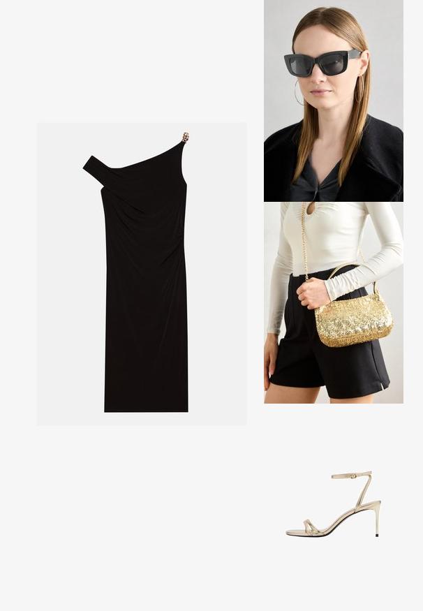 Czarna sukienka na jedno ramię wykonana z drapowanej tkaniny, z złotym akcentem na ramieniu, gładką fakturą i długością do kolan.; Złote metaliczne sandały na wysokim obcasie z cienkim paskiem wokół kostki, otwarty czubek i smukłe krzyżujące się paski. Błyszczące wykończenie z czarną podeszwą.; Czarne okulary w kocim kształcie z ciemnymi soczewkami, grubymi oprawkami i subtelnymi akcentami. Noszone z czarnym płaszczem i szarym topem, z długimi prostymi włosami.; Złota torebka z cekinami o prostokątnym kształcie, z krótkim uchwytem i długim łańcuszkiem. Tekstura jest błyszcząca i odbijająca światło.