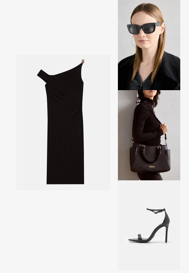 Svart en-skulder kjole laget av drapert stoff med en gyllen detalj på skulderen, glatt tekstur og kne-lengde design.; Sorte høyhælte sandaler med åpen tå, tynne stropper og ankelspenne. Glatt lærtekstur med spiss tå-design.; Sorte katteøyne solbriller med mørke linser, tykke rammer og subtile detaljer. Båret med en svart frakk og grå topp, med langt, rett hår.; Svart håndveske med teksturert overflate, doble topphåndtak og justerbar skulderrem. Har detaljer i gulltone og sidelommer.