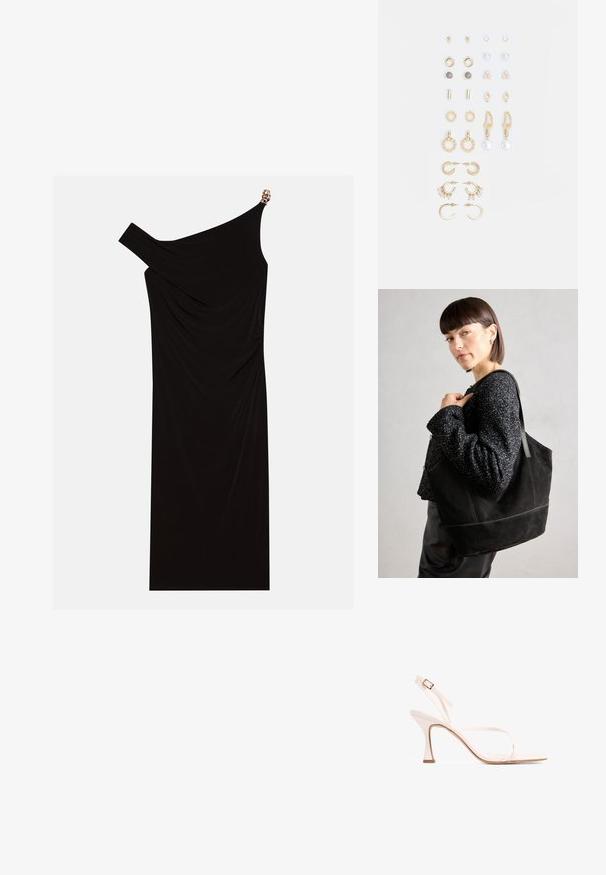 Juoda su viena petnešėle suknelė, pagaminta iš drapiruoto audinio, su aukso akcentu ant peties, lygia tekstūra ir iki kelių ilgio.; Rožinės spalvos, dirželių aukšti kulniukai su gležnu dizainu, kvadratiniu pirštu ir smailiu kulnu. Turi reguliuojamą kulkšnies dirželį ir lygų paviršių.; Juodas nubuko turgus su sklandžiu paviršiumi, struktūrine forma ir kontrastingomis siūlėmis. Yra ilgos rankenos, skirtos nešti ant peties.; Auksiniai auskarai su įvairiais dizainais, įskaitant studus, žiedus ir kabančius modelius su perlų ir kristalų akcentais.
