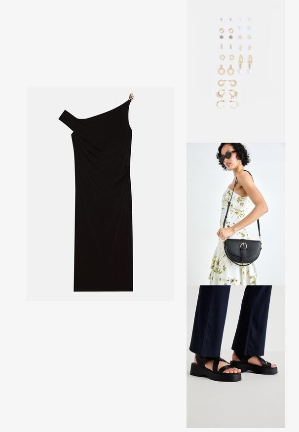 Svart en-skulder kjole laget av drapert stoff med en gyllen detalj på skulderen, glatt tekstur og kne-lengde design.; Sorte plattform sandaler med brede kryssede stropper og tykk såle. Overdelen er laget av glatt materiale og har åpen tå-design.; Svart lærveske med en buet form, avtagbar stropp og gullbeslag. Vesken har et klaff med spenne-detall.; Sett med gullfargede øredobber med ulike design, inkludert stikkere, hoops og hengende deler med perler og rhinestones.