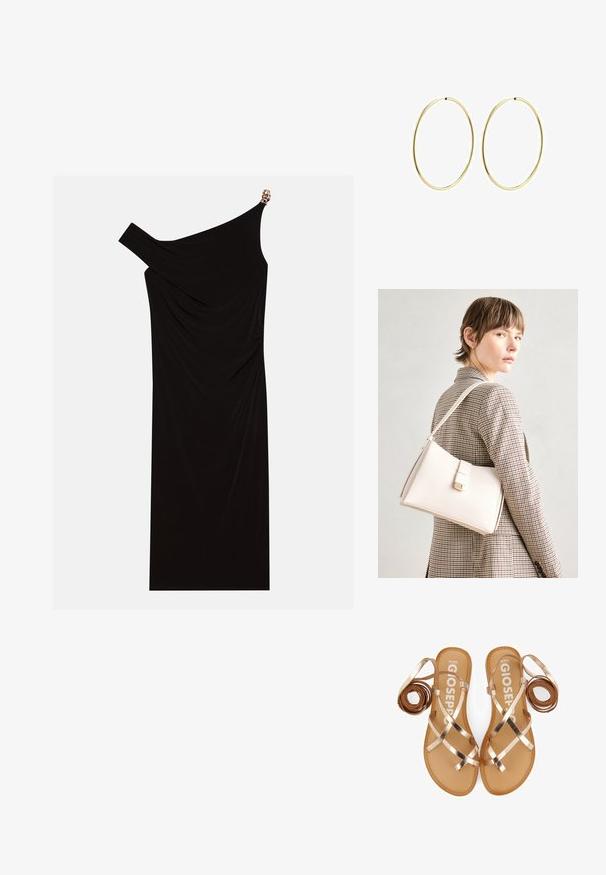 Robe noire asymétrique faite de tissu drapé, dotée d'un accent doré sur l'épaule, d'une texture lisse et d'un design mi-cuisse.; Sandales plates à lanières avec des sangles métalliques couleur or rose, semelle en cuir tan et un design minimaliste. Comprend des sangles enroulées de chaque côté.; Sac à main en cuir blanc au design structuré, doté d'un fermoir magnétique et d'une bandoulière, présenté sur un fond neutre.; Boucles d'oreilles en or en forme de créole lisse et arrondie. Fines et légères, elles présentent une boucle continue sans aucune ornementation.