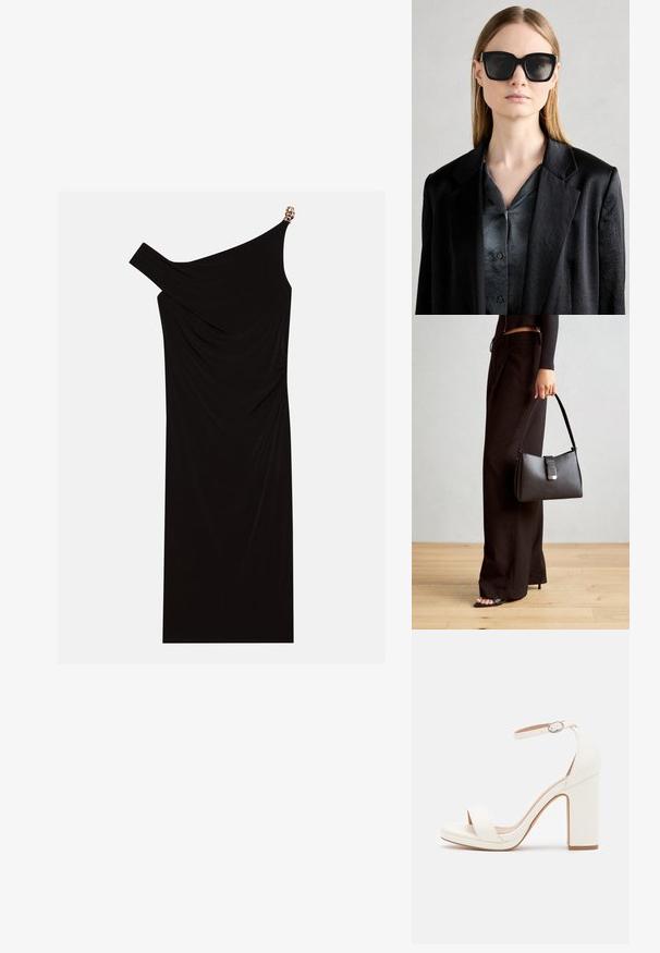 Vestido negro de un solo hombro hecho de tela drapeada, con un acento dorado en el hombro, textura suave y diseño hasta la rodilla.; Sandalias de tacón alto blancas con correa en el tobillo, diseño minimalista, punta abierta, tacón cuadrado y textura de cuero suave.; Gafas de sol negras de gran tamaño con un marco grueso y lentes oscuros, combinadas con una camisa de satén gris y un blazer negro.; Bolso negro con forma estructurada, textura suave y un cierre metálico. Combinado con pantalones anchos negros y sandalias de dedo en un suelo de madera.