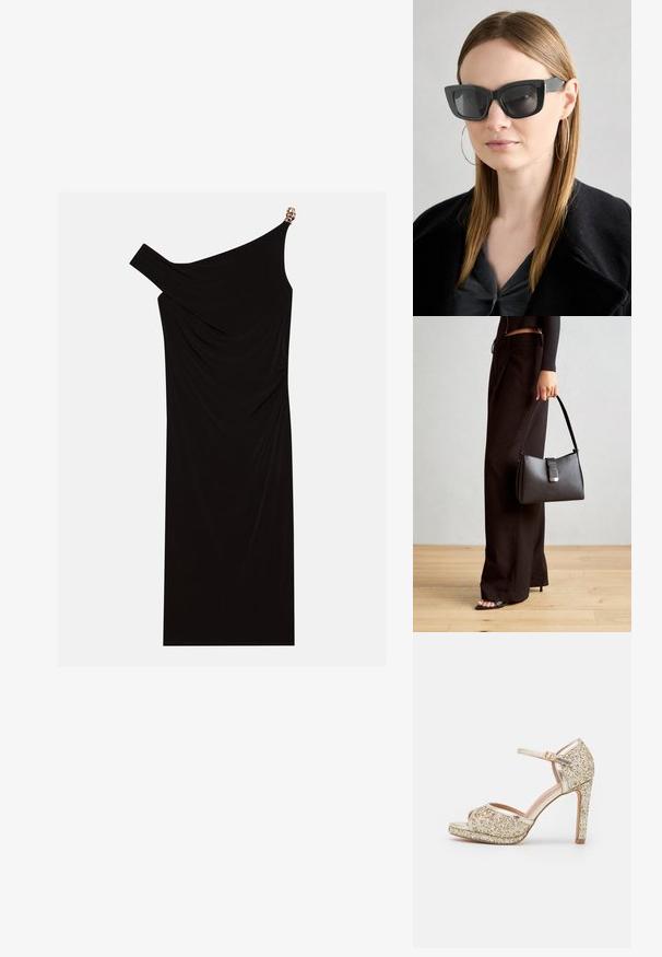 Zwarte een-schouder jurk gemaakt van gedrapeerde stof met een gouden accent op de schouder, zachte textuur en een knielange ontwerp.; Gouden glitter high-heeled sandaal met open teen, enkelbandje en chunky plateauzool. Glad metallic accentueert het algehele ontwerp.; Zwarte cat-eye zonnebril met donkere lenzen, dikke monturen en subtiele accenten. Draagt een zwarte jas en een grijze top, met lang stijl haar.; Zwarte handtas met gestructureerde vorm, gladde textuur en een metalen sluiting. Gecombineerd met brede zwarte broeken en sandalen met open teen op een houten vloer.