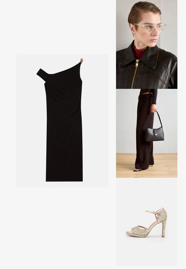 Juoda su viena petnešėle suknelė, pagaminta iš drapiruoto audinio, su aukso akcentu ant peties, lygia tekstūra ir iki kelių ilgio.; Aukso blizgučiai aukštakulniai sandalai su atvira pirštine, kulkšnies Dirželiu ir stambiu platformu. Sklandžios metalinės detalės pagerina bendrą dizainą.; Skaidrios aketato katės akys akiniai su geltonais tonuotais objektyvais, dėvimi asmens su tamsia odine striuke ir raudona golfu. Lygus paviršius.; Juodas rankinė struktūrizuota forma, lygi tekstūra ir metalinis užsegimas. Suporuota su plačiomis juodomis kelnėmis ir atvirais bateliais ant medinių grindų.