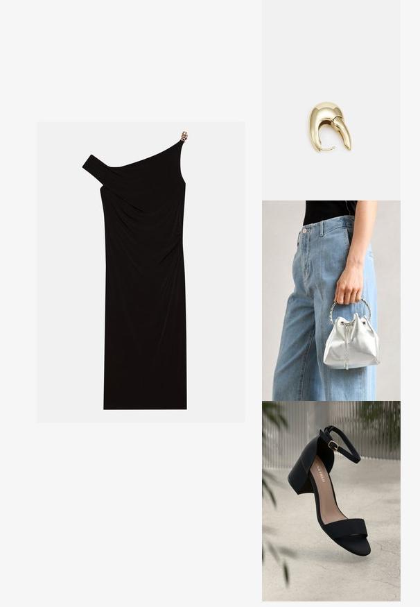 Czarna sukienka na jedno ramię wykonana z drapowanej tkaniny, z złotym akcentem na ramieniu, gładką fakturą i długością do kolan.; Czarna sandał na obcasie z szerokim paskiem i paskiem na kostce, charakteryzująca się matową fakturą i słupkowym obcasem. Logo marki widoczne na wkładce.; Metaliczna srebrna torba typu bucket z teksturowanym wykończeniem, ozdobiona okrągłym srebrnym uchwytem i zaciąganym zapięciem, trzymana na tle jasnoniebieskich dżinsów.; Złote metalowe kolczyki o eleganckim, zakrzywionym kształcie. Posiadają charakterystyczny szpiczasty kształt, polerowaną powierzchnię oraz zapięcie na zawias.