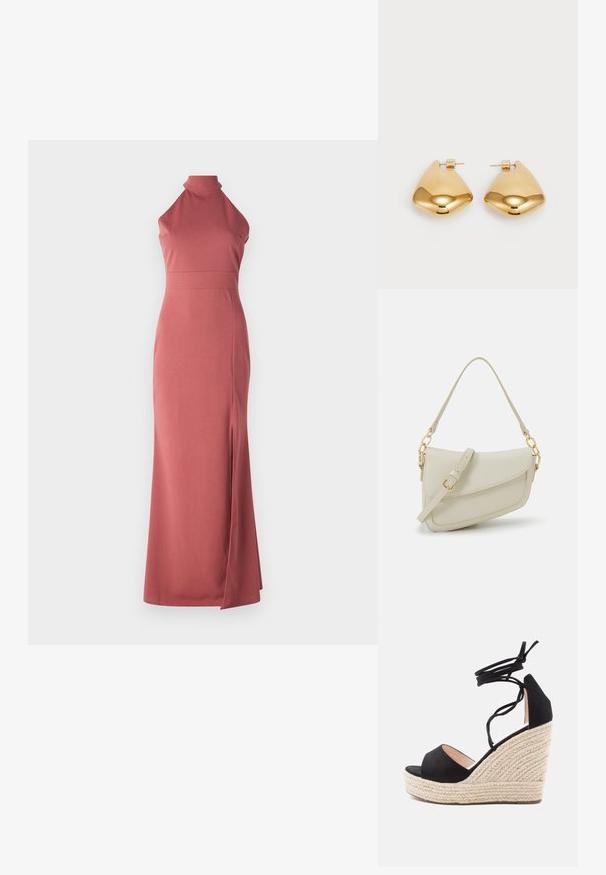 Robe longue rose poudré, col halter, coupe ajustée, réalisée en tissu lisse avec une fente haute sur la cuisse gauche pour une touche de design supplémentaire.; Sandales à talons compensés en suède noir avec une plateforme en jute tissé, dotées de brides croisées à la cheville et d'un design à bout ouvert.; Petit sac à main crème avec une finition texturée, une longue sangle réglable, un accent en chaîne et une fermeture à rabat. Détails en matériel doré.; Boucles d'oreilles en métal doré avec une forme triangulaire lisse et arrondie et un design à attache de tige ; surface réfléchissante avec un minimum de détails.