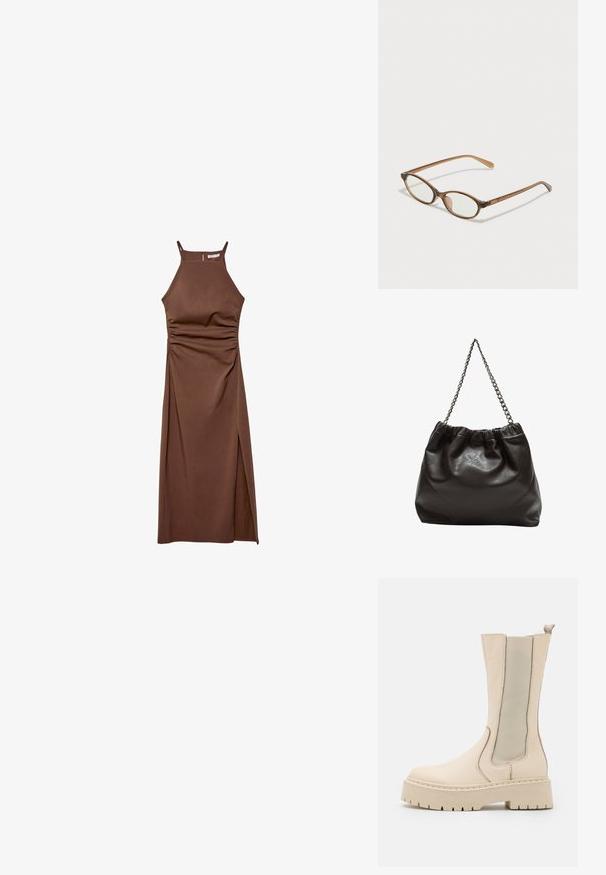 Stradivarius HALTER - Etui-jurk - dark brown; Beige enkellaarzen met een textuur van leer, elastische zijpanelen en een chunky platformzool met een robuust profiel.; Bruine schildpadbril met ovale lenzen, dunne armen en transparante accenten. Heeft een subtiele logo op de tempel. Strak, lichtgewicht ontwerp.; Bruine leren tas met een geplooide bovenkant en een kettinghengsel. Glad textuur met een glanzende afwerking en subtiele naaddetails aan de zijkanten.