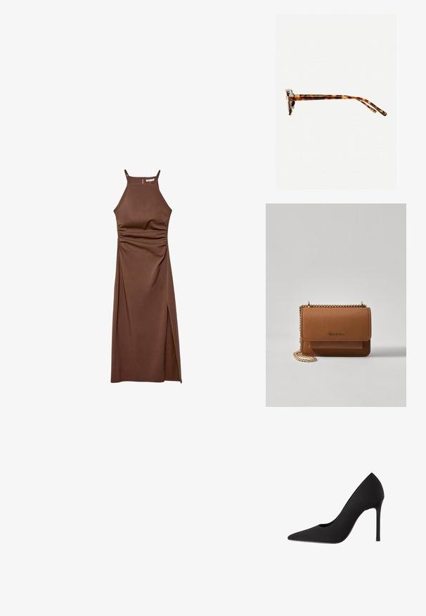 Stradivarius HALTER - Etuikjole - dark brown; Sort højhælet pumpe med spids tå, slank satinfinish og stilettho. Designet med et subtilt udskæring på siden.; Skildpaddemønstret solbriller med en tyk ramme, let buede stænger og glat overflade. Har et klassisk design med en blank finish.; Brun tekstureret læder crossover-taske med guldkæde-rem og klaplukning. Forsiden har logo-detalje og en lomme under klappen.