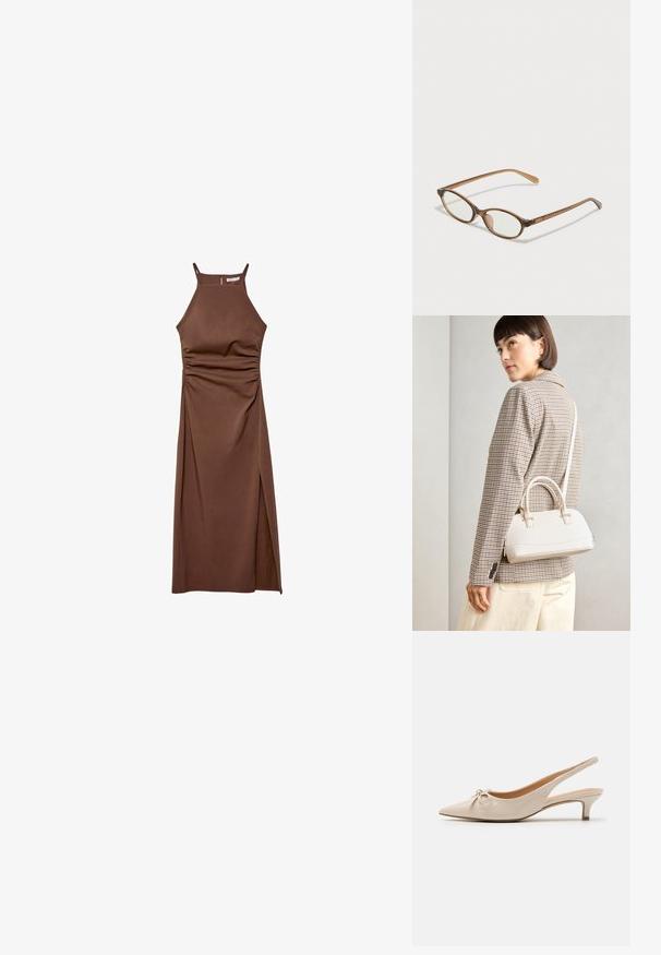 Stradivarius HALTER  - Pouzdrové šaty - dark brown; Béžové lakované lodičky se zapínáním na patě, špičaté špičky a dekorativní mašlí na nártu. Obsahují nízký, štíhlý podpatek a hladký povrch.; Hnědé želvovinové brýle s oválnými skly, tenkými bočními nohami a průhlednými akcenty. Obsahují decentní logo na stranu. Elegantní, lehký design.; Bílá strukturovaná kabelka s krátkými uchy a ramenním popruhem, zdobená zlatými kovovými prvky a texturovaným materiálem, vystavená na šedém pozadí.