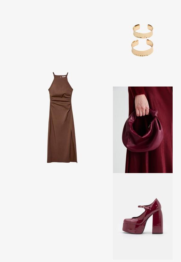 Stradivarius HALTER - Šaty do práce - dark brown; Koi Footwear BITTER PLATFORM - Obuv na platformovom opätku - mauve; Burgundská kožená kabelka s mäkkým, zhromaždeným dizajnom a zaobleným tvarom. Rukoväť je pevne zaisťujúca a vystavuje hladkú textúru.; Zlaté kovové náramky sistí textúrou, s otvoreným dizajnom a hladkými okrajmi. Zobrazené sú dve veľkosti: jedna širšia, druhá užšia.