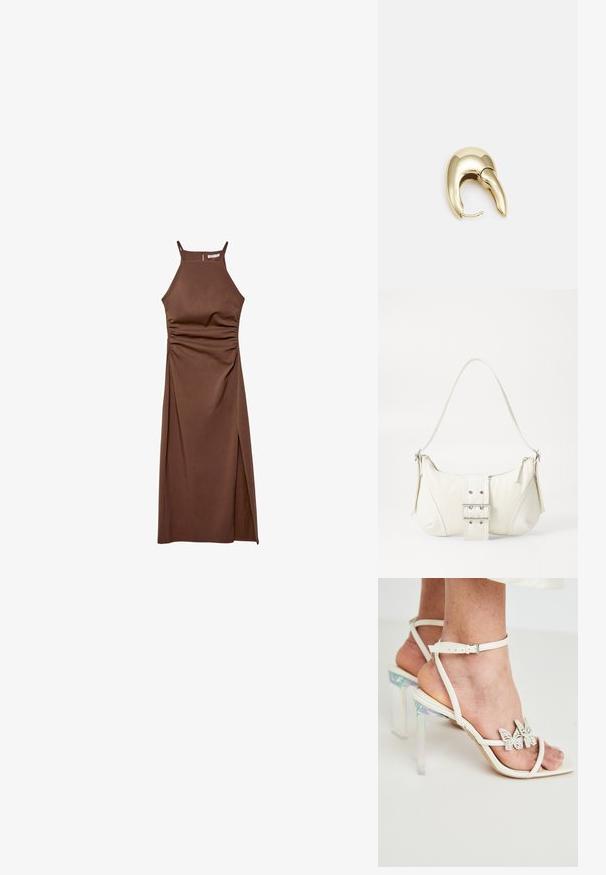 Stradivarius HALTER - Kotelomekko - dark brown; Valkoiset nauhalla varustetut korkean korokkeen sandaalit, joissa on kirkkaat, värinvaihtelevat lohkokorkeudet ja koristellut perhosakselit remmeissä. Sujuva nahkapinta.; Valkoinen olkalaukku, jossa on teksturoitu pinta, keskeinen solkiyksityiskohta ja kaareva muoto. Vetoketjusulkimet kummallakin puolella.; Kultahipuinen korvakoru, jossa on sulavalinjainen, kaareva muotoilu. Ominaisuuksiin kuuluu erottuva terävä muoto, kiillotettu pinta ja sarana kiinnitys.