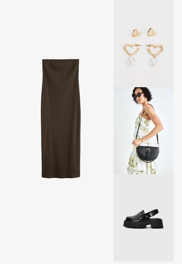 Ruskea, polvipitkä kynähame, joka on valmistettu sileästä kankaasta ja jossa on joustava vyötärönauha. Yksinkertainen muotoilu, ilman näkyviä kuvioita tai koristeita.; Mustat platform-sandaalit, jotka on valmistettu kiiltävästä nahasta. Niissä on soljellinen hihna ja teksturoitu paksu pohja, jossa on voimakkaat urat.; Musta nahkainen käsilaukku, joka on kaareva muotoilultaan, irrotettavalla hihnalla ja kultaisilla yksityiskohdilla. Laukussa on läppä, jossa on solk yksityiskohta.; Kultaiset sydämenmuotoiset korvakorut, joissa on teksturoitu pinta ja roikkuva helmikoriste. Mukana on myös yhteensopivat sydänkorvakuulokkeet.