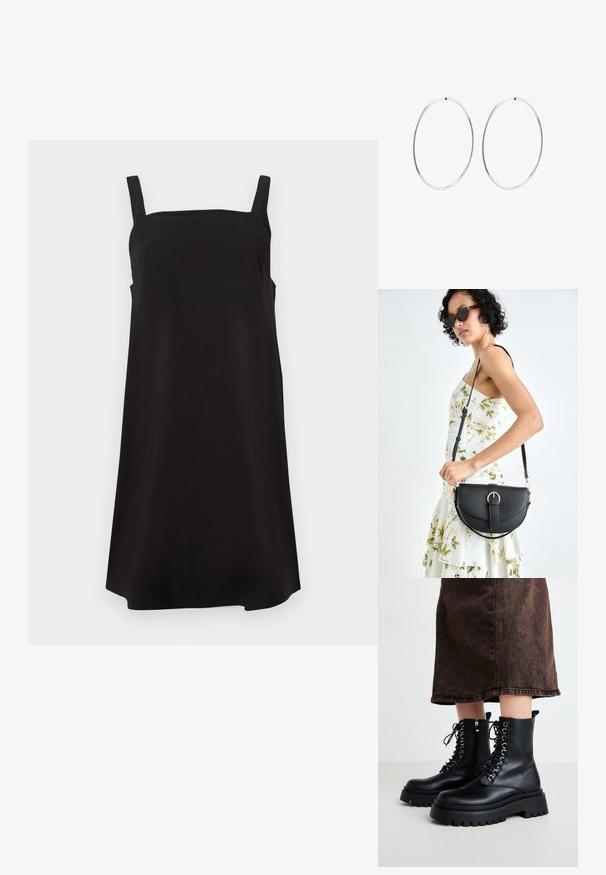 Melnā bezpiedurkņu kleita ar kvadrātu dekoltē, izgatavota no gludas auduma, ar brīvu un taisnu piegriezumu. Nav redzamu rakstu vai aksesuāru.; Melnas ādas potītes zābaki ar masīvu zoli, auklām un sānu rāvējslēdzēju. Iezīmē sudraba acis un gludu tekstūru.; Melnas ādas rokassoma ar izliekta formu, noņemamu siksnu un zelta aksesuāriem. Somai ir vāciņš ar sprādzes detaļu.; Sudraba riņķa auskari ar gludu, apaļu dizainu un pulētu apdari. Tie ir plāni un viegli, ar vienkāršu aizdari.