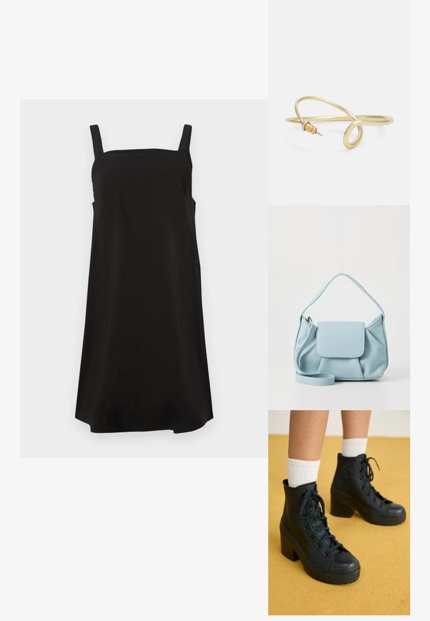 Zwarte mouwloze jurk met een vierkant decolleté, gemaakt van gladde stof, met een losse pasvorm en rechte snit. Geen zichtbare patronen of hardware.; Zwarte hoge sneakers met een getextureerde afwerking, vetersluiting, rubberen neuskap en chunky hakken, gedragen met witte geribbelde crew sokken.; Lichtblauwe leren handtas met een bovenhandvat, een voorklepzak en een afneembare polsband op een witte achtergrond.; Gouden metalen armband met een vloeiende, kromme vormgeving. Bevat een kleine, opvallende, zilvergekleurde accent aan één uiteinde.