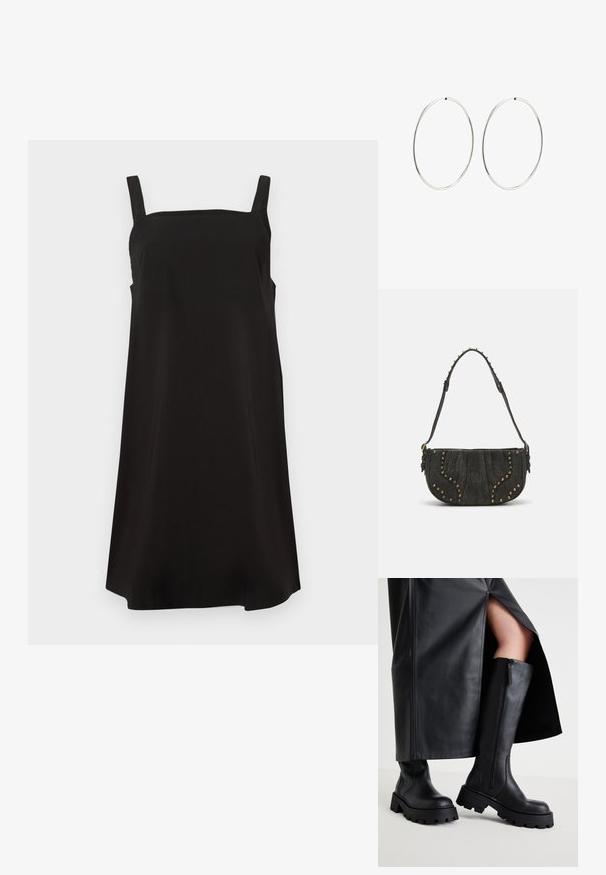 Must mustrõngaga must kleit, mis on valmistatud siledast kangast, vaba lõike ja sirge silueti puhul. Pole nähtavaid mustreid ega metallist elemente.; Mustad põlveks ulatuvad mustad saapad, millel on paks tald, sile nahk, külglaan ja minimalistlik disain, koos musta lõhiku ja seeliku kombinatsiooniga.; Must mustahjust kott, millel on kumer disain, kinnitusdetailide ja tekstureeritud pinnaga. Reguleeritav rihm, mille serval on nupud.; Hõbedased rõngaskõrvarõngad, millel on sujuv, ümmargune disain ja poleeritud viimistlus. Need on õhukesed ja kerged, omades lihtsat klambrit.