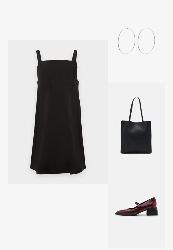 Must mustrõngaga must kleit, mis on valmistatud siledast kangast, vaba lõike ja sirge silueti puhul. Pole nähtavaid mustreid ega metallist elemente.; Burgundi värvi nahk Mary Jane kingad, millel on terav nina, küljel kinnitatav pandla rihm ja jäme must konts. Sile viimistlus kerge läikega.; Mustast nahast kott sujuva tekstuuriga, ristkülikukujuline ja kahe pika sangaga. Pole nähtavat riistvara ega kaunistusi.; Hõbedased rõngaskõrvarõngad, millel on sujuv, ümmargune disain ja poleeritud viimistlus. Need on õhukesed ja kerged, omades lihtsat klambrit.