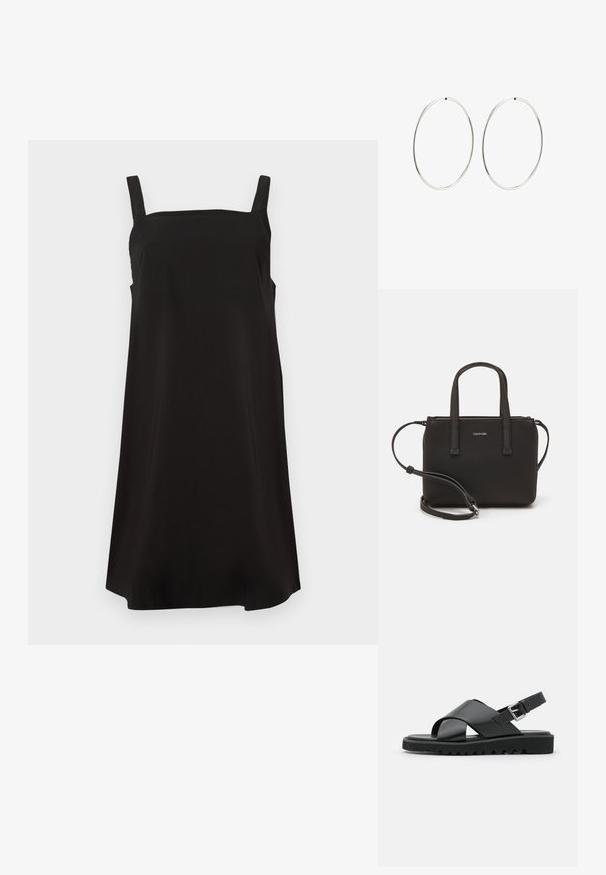 Črna brezrokavna obleka s kvadratnim izrezom, izdelana iz gladkega materiala, z ohlapnim krojem in ravnim rezom. Brez vidnih vzorcev ali dodatkov.; Črne usnjene sandale z zasnovo križnega traku, nastavljivim zatičem in teksturirano podplatno površino z utori za oprijem.; Črna torbica z dvema kratkima ročajema in odstranljivim naramnim trakom. Gladek usnju podoben material z zadrgo in podrobnostmi z logotipom.; Srebrne obročaste uhane z gladkim, okroglim dizajnom in poliranim zaključkom. So tanke in lahke, z enostavnim zapiranjem na sponko.
