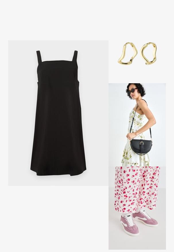 Musta hihaton mekko, jossa on neliönmuotoinen pääntie, valmistettu sileästä kankaasta, jossa on rento istuvuus ja suora leikkaus. Ei näkyviä kuvioita tai metalliosia.; Vaaleanpunaiset mokkanilkkurit, joissa on valkoisia yksityiskohtia, pyöreä kärki, nauhakiinnitys ja teksturoitu kumipohja, yhdistettynä kukkakuosiseksi mekkoon.; Musta nahkainen käsilaukku, joka on kaareva muotoilultaan, irrotettavalla hihnalla ja kultaisilla yksityiskohdilla. Laukussa on läppä, jossa on solk yksityiskohta.; Kultaiset renkaat korvakorut, joissa on sulava, aaltoileva muotoilu. Sileä pinta, avoin muoto ja ei näkyviä kiinnikkeitä. Minimalistinen ja moderni ilme.