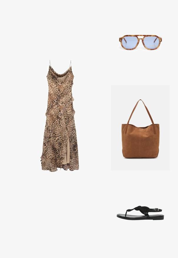 Šaty s leopardím potiskem a drapovaným designem, s volány podél okrajů a vysokým rozparkem do stehen. Vyrobeny z lehké tkaniny s ramínky na tenké špagety.; Černé ploché sandály s pleteným páskem, nastavitelnou sponou na kotníku a hladkou koženou stélkou. Minimalistický design s elegantním siluetou.; Želvovinové sluneční brýle s modrými skly, ostrým designem, silným rámem a výřezem na nosníku; obsahují zlatý akcent na spánku.; Hnědá semišová taška s dvěma dlouhými uchy, se hladkým povrchem, jednoduchým designem a bez viditelného kování nebo dekorací.; Zlaté a stříbrné kovové hodinky s obdélníkovým pouzdrem, bílým texturovaným ciferníkem, dvěma zlatými ručičkami a kombinovaným nerezovým náramkem s leštěnými a broušenými články.