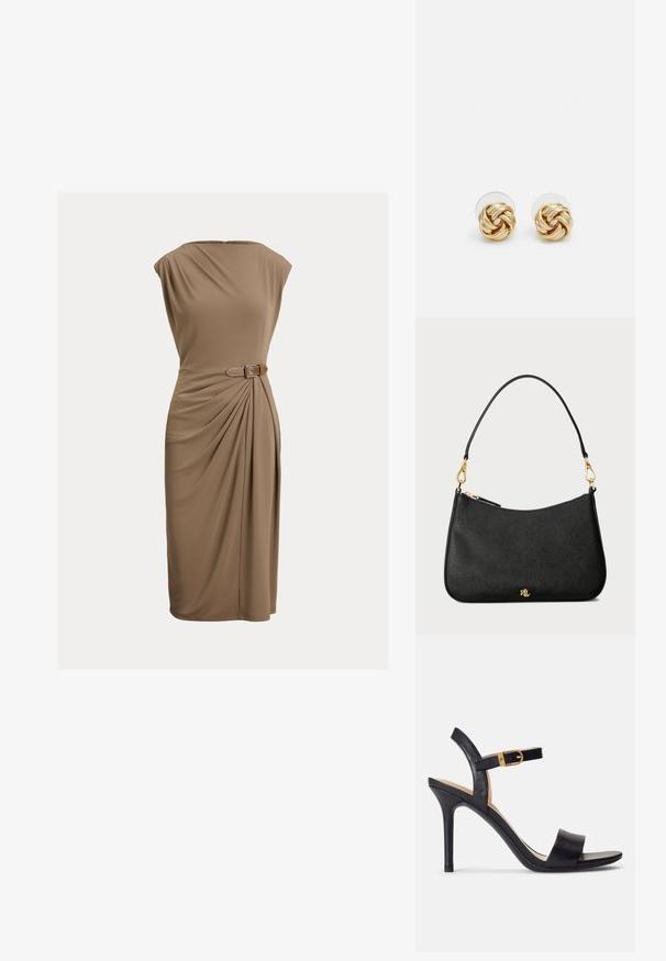 Knelång, ärmlös klänning i brunt tyg; har en sidofålla och ett smalt bälte med en rektangulär spänne för extra detalj.; Svarta högklackade sandaler med en slät läderöverdel, öppen tå och en design med en enda rem med en guldbåge som accent.; Svart läderhandväska med en strukturerad design, som har dragkedjestängning, avtagbar rem och detaljer i guld.; Orrhängen i guldton med en knutdesign. Varje örhänge har en cirkulär klar baksida för säker användning.