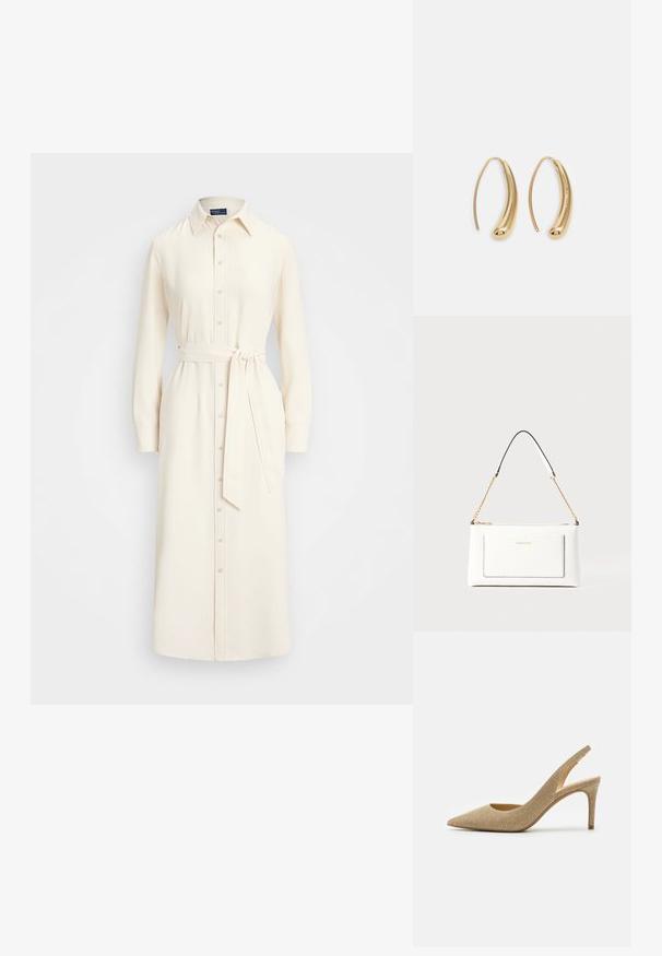 Polo Ralph Lauren SATIN SHIRTDRESS - Tričkové šaty - mascarpone cream; MICHAEL Michael Kors ALINA FLEX SLING - Obuv na vysokom opätku - pale gold; Biele kožené kabelka s textúrovaným povrchom, ktorá má zlatý retiazkový popruh a čierne akcenty. Obsahuje prednú kapsu a zipsové zapínanie.; Náušnice vo forme zlatých kovových kruhov s zakriveným, predĺženým tvarom. Majú hladký, lesklý povrch a zaoblený koniec pre pridanie detailu.