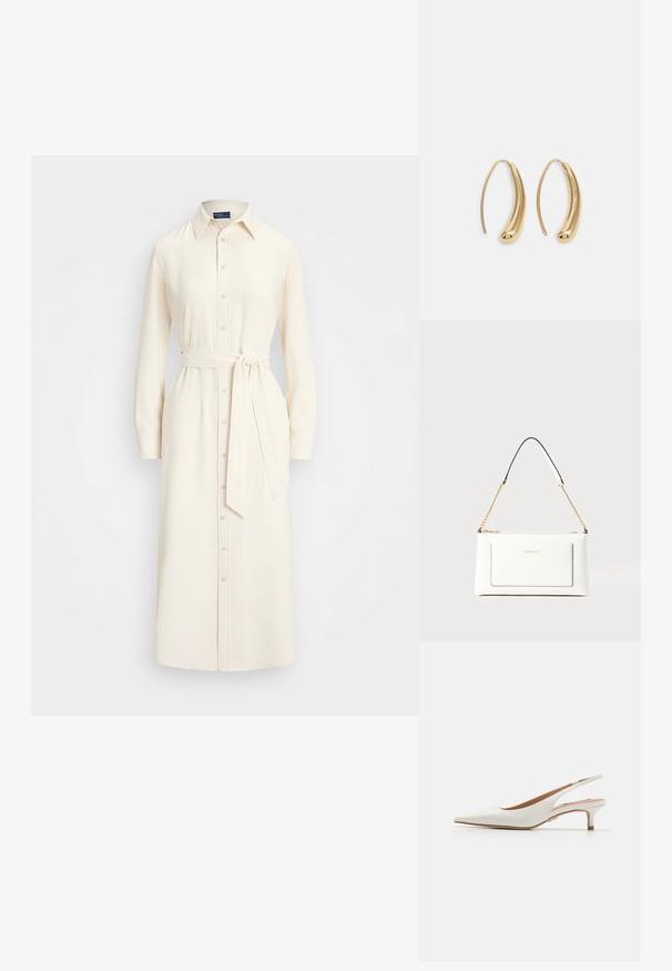 Polo Ralph Lauren SATIN SHIRTDRESS - Robe chemise - mascarpone cream; Steve Madden KARI - Escarpins - white; Sac à main en cuir blanc avec un fini texturé, doté d'une bandoulière en chaîne dorée et d'accents noirs. Comprend une poche avant et une fermeture éclair.; Boucles d'oreilles en métal doré en forme d'anneau, avec une forme courbée et allongée. Elles présentent une surface lisse et brillante avec une pointe arrondie pour un détail supplémentaire.