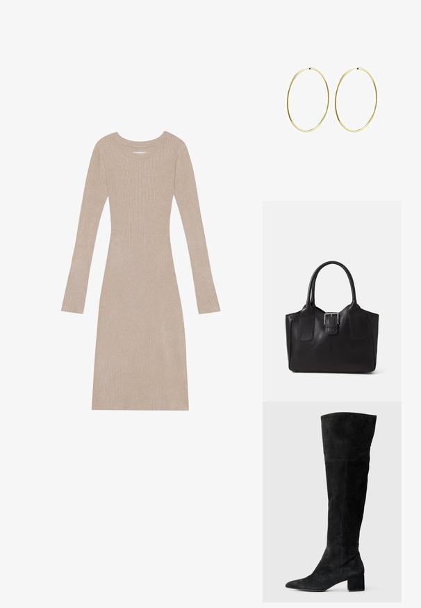 Bež haljina od rebrastog pletenog materijala s dugim rukavima, okruglim izrezom, oblikom koji prati tijelo i mekanom teksturom. Ima vertikalne linije kroz cijelu haljinu.; Crne čizme preko koljena od brušene kože sa špicastim vrhom i blok petom. Glatka tekstura sa bočnim šavovima i uskim dizajnom.; Crna kožna torba za nošenje s glatkom teksturom, strukturiranim oblikom, dvije ručke i istaknutim srebrnim kopčanjem na prednjoj strani.; Zlatne naušnice u obliku kružne petlje, s glatkim i zaobljenim dizajnom. Tanke su i lagane, s kontinuiranom petljom bez dodatnih ukrasa.