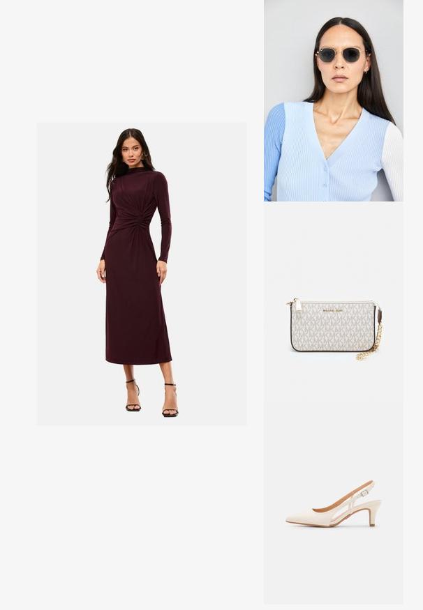 Burgundské dlouhé šaty s designem na mísu v pase, vyrobené z hladkého materiálu, po kotníky, spárované s černými sandály na vysokém podpatku.; Bílé lodičky na podpatku s špicatou špičkou, hladkým svrškem, nízkým blokovým podpatkem a designem s bočním výřezem se stahovací sponou.; Kulaté sluneční brýle s tmavými čočkami a zlatými rámy. Modelka má na sobě světle modrý žebrovaný kardigan s knoflíky a kontrastními bílými rukávy.; Kabelka na zápěstí Michael Kors v béžové potažené plátno s opakujícím se vzorem loga MK, zlatými kovovými doplňky a odnímatelným řetízkovým popruhem.