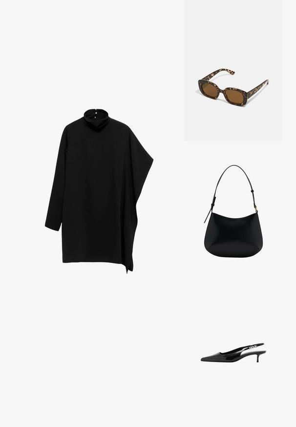 Črn top z visokim ovratnikom in dolgimi rokavi, asimetričnega dizajna in tekočega materiala; ima gumbasto zapiranje na hrbtni strani ovratnika.; Črne patentne usnjene čevlje s slingback zapiranjem in špičastim nosom ter nizko peto. Imajo kovinski dodatek ob trakcu za dodaten poudarek.; Sončna očala iz kornjačine s poudarjenim, okroglim okvirjem in rjavimi lečami. Imajo subtilne vzorce in ravne, zožene ročke.; Črna usnjena torba za ramo z gladko teksturo, ukrivljeno obliko in nastavljivim ročajem. Ima minimalno šivljenje in preprost dizajn.; Črna usnjena torba za ramo z gladko teksturo, ukrivljeno obliko in nastavljivim ročajem. Ima minimalno šivljenje in preprost dizajn.