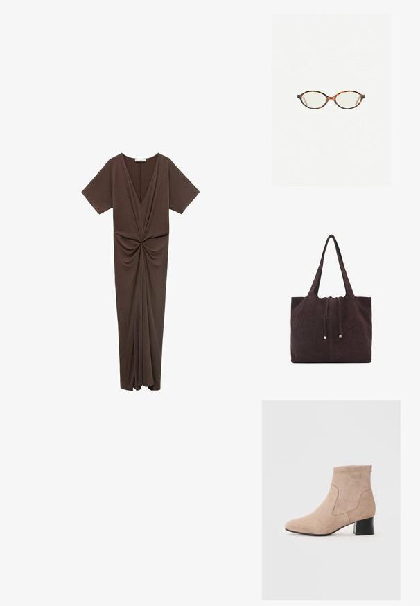 Robe brune, longueur genou, en tissu doux, avec un décolleté en V profond, des manches courtes et un détail froncé à la taille. Texture lisse.; Bottines en suède beige à bout arrondi, avec des panneaux latéraux en elastic et un talon bloc avec une finition noire lisse.; Lunettes en écaille de tortue avec des verres ovales et une finition lisse et élégante. Présente des branches fines avec une courbure subtile au niveau des tempes. Verres transparents.; Mango Cabas - dark brown; Collier en métal doré avec des maillons texturés irréguliers et un pendentif en forme de Y, accentué par un pendentif central ressemblant à des pièces superposées.