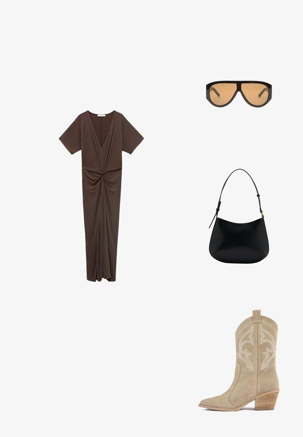 Bruine jurk tot de knie, gemaakt van een zachte stof, met een diepe V-hals, korte mouwen en een gather-detaillering bij de taille. Gladde textuur.; Beige suède cowboylaars met puntige neus, decoratieve witte stiksels en een gestapelde houten hak. Heeft een lus aan de achterkant.; Zwarte oversized zonnebril met bruine lenzen, met brede, hoekige monturen en rechte armen. Gladde glanzende afwerking, minimale hardware.; Zwarte leren schoudertas met een gladde textuur, gebogen vorm en verstelbare hengel. Heeft minimale stiksels en een eenvoudig ontwerp.