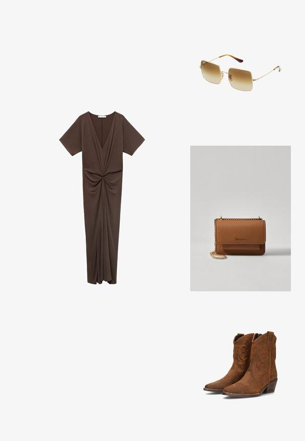 Vestido marrón hasta la rodilla en un material suave, con un escote en V profundo, mangas cortas y un detalle fruncido en la cintura. Textura suave.; Botas de vaquero de ante marrón con puntas puntiagudas, costuras decorativas y tacones apilados bajos. Presentan intrincados patrones en relieve a lo largo del caña.; Gafas de sol cuadradas con cristales marrones degradados, montura de metal dorado y detalles de carey en las varillas.; Bolso crossbody de cuero texturizado marrón con correa de cadena dorada y cierre de solapa. La parte frontal presenta un detalle de logo y un bolsillo debajo de la solapa.