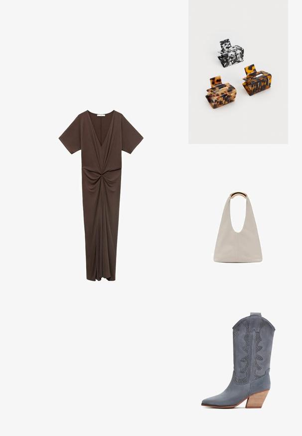 Brun, knälång klänning i ett mjukt material, med en djup V-ringning, korta ärmar och en samlad detalj i midjan. Slät textur.; Grå mocka cowboy stövlar med spetsig tå, perforerat mönster och en staplad träklack. Har en dekorativ scalloped topp.; Ljusgrå läderväska med en U-formad design och ett böjt metallhandtag. Slät textur med minimal sömnad och inga synliga mönster.; Tre hårklämmor: en svart-vit marmorerad, två sköldpaddsmönstrade i bruna och svarta nyanser, alla gjorda av glänsande plast med en texturerad yta.
