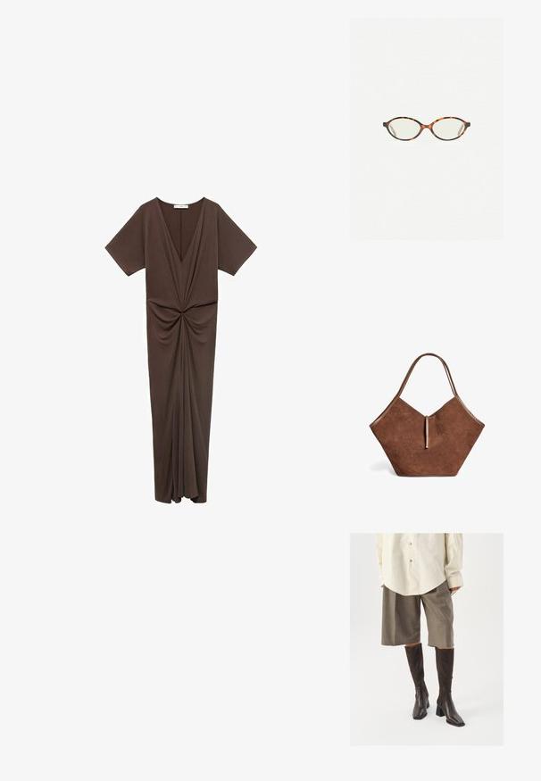 Brązowa sukienka do kolan z miękkiego materiału, z głębokim dekoltem w serek, krótkimi rękawkami i marszczeniem w talii. Gładka tekstura.; Brązowe, sięgające do kolan botki na kwadratowym nosku i słupku, zestawione z beżową, przesadnie dużą koszulą oraz brązowymi kratkowymi spodniami culottes.; Okulary w kolorze tortoiseshell z owalnymi soczewkami i gładkim, eleganckim wykończeniem. Posiadają cienkie boki z delikatnym łukiem w okolicy skroni. Przezroczyste soczewki.; Brązowa zamszowa torba na ramię z skórzanym wykończeniem i cienkim zapięciem, o miękkim, szerokim i nieco kanciastym kształcie.
