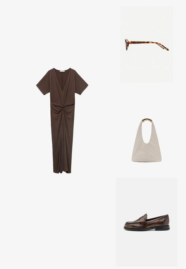 Brown, knee-length dress in a soft material, featuring a deep V-neck, short sleeves, and a gathered detail at the waist. Smooth texture.; Brown leather loafers with a textured finish, a rounded toe, and a low black rubber sole. Features a classic penny strap design.; Tortoiseshell sunglasses with a thick frame, slightly curved temples, and smooth texture. Features a classic design with a glossy finish.; Light gray leather bag with a U-shaped design and a curved metallic handle. Smooth texture with minimal stitching and no visible patterns.