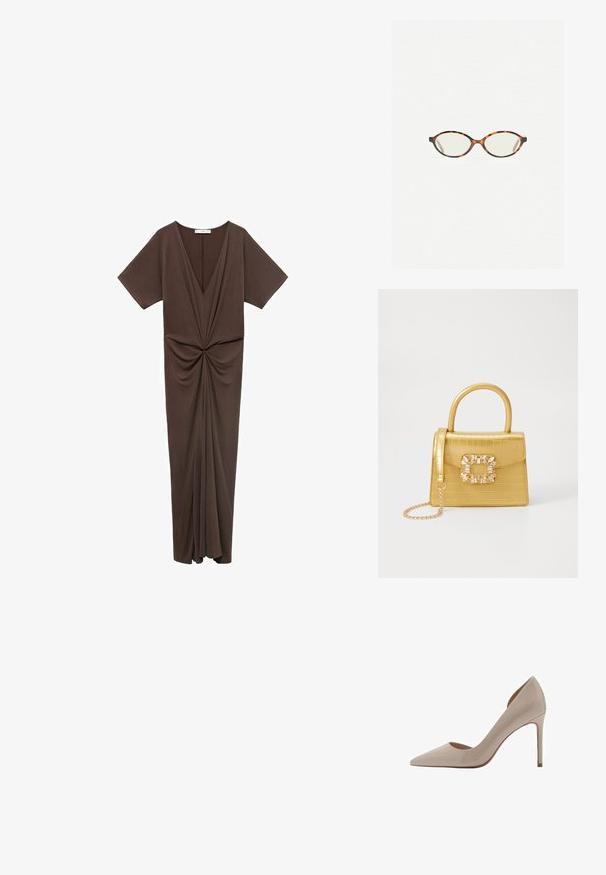 Rochie maro, lungime până la genunchi, dintr-un material moale, având un decolteu adânc în V, mâneci scurte și un detaliu gathered la talie. Textură netedă.; Mango ASYMMETRISCHE MET EFFECT - Tocuri înalte - grey; Ochelari cu ramă din tartan, cu lentile ovale și un finisaj elegant, neted. Prezintă margini subțiri cu o curbură subtilă la tâmple. Lentile clare.; Geantă galbenă din faux-crocodil cu un design structurat, mână superioară, curea detașabilă cu lanț și embellisment decorativ cu cristale pe închidere.