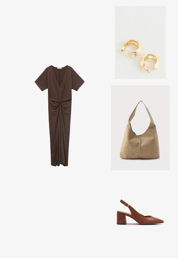 Rjava obleka do kolen iz mehkega materiala, z globokim V-izrezom, kratkimi rokavi in nabrano podrobnostjo v pasu. Gladka tekstura.; Rjave usnjene slingback pete s konicami, blok peto in nastavljivim trakom z zlatim zaponko.; Hobo torba iz mehkega bež nubuka z ohlapno obliko, širokim ramenskim trakom in ročno šivanim šivom po sprednji strani.; Zlato obarvani uhani v obliki obroča s poliranim zaključkom, ki vključujejo rebrast dizajn in pritrjevanje na zadnji strani. Okrogla, debela oblika.