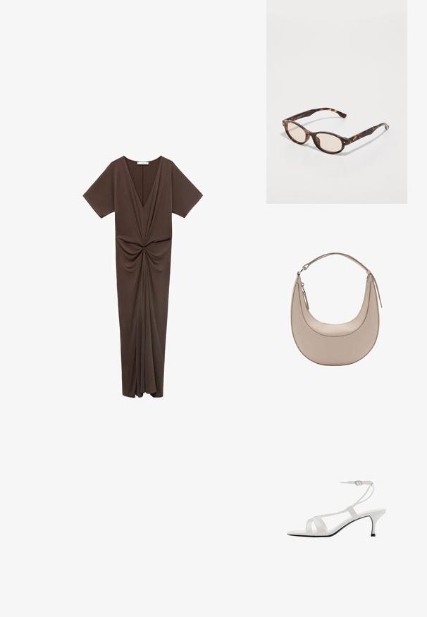 Ruskea, polvipituinen mekko pehmeästä materiaalista, syvällä V-pääntiellä, lyhyillä hihoilla ja vyötäröllä rypytetyllä yksityiskohdalla. Sileä pinta.; Valkoiset korkokengät ohuilla nilkkaremmillä, avonaisella kärjellä ja monilla ristikkäisillä remmeillä. Kiiltävä pinta ja hoikka musta pohja.; Silmukaisvartiset aurinkolasit, joissa on pyöristetty muoto ja kevyet linssit. Varret ovat tukevat ja niissä on pieniä kultaisia yksityiskohtia, valmistettu muovimateriaalista.; Vaaleanbeige nahkainen olkalaukku, jossa on kuu-ukko muoto, sileä pinta ja yksi kaareva kahva. Varusteena vetoketjukiinnitys ja siisti ompelu.