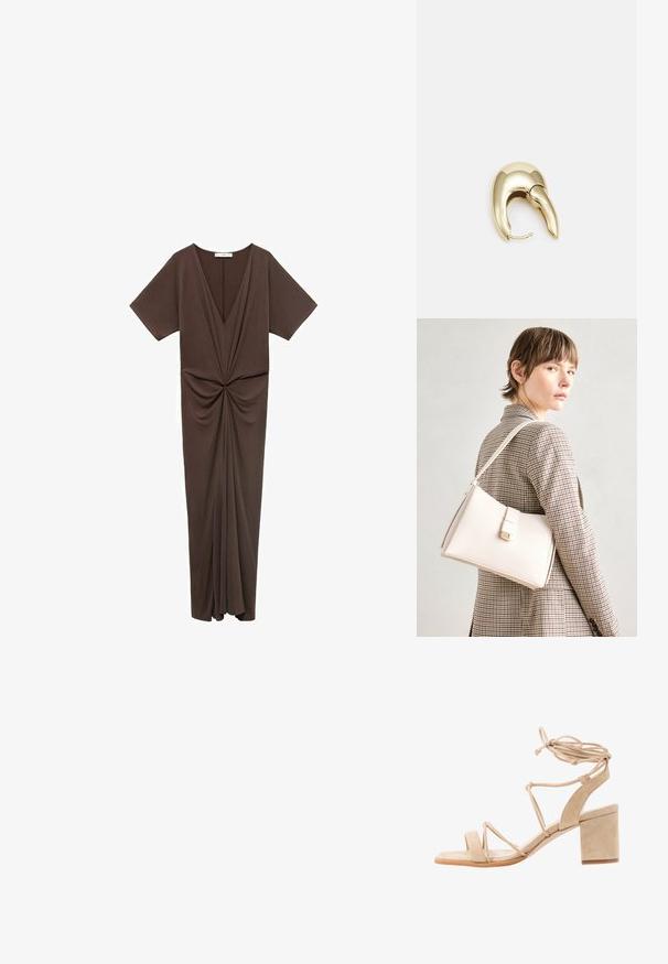 Brown, knee-length dress in a soft material, featuring a deep V-neck, short sleeves, and a gathered detail at the waist. Smooth texture.; Beige suede high-heeled sandal with a block heel, open toe, and crisscross straps that lace around the ankle. Smooth texture, minimal design.; White leather handbag with a structured design, featuring a magnetic clasp and a shoulder strap, showcased against a neutral background.; Gold-tone metal earring with a sleek, curved design. Features a distinctive pointed shape, polished surface, and hinge closure.