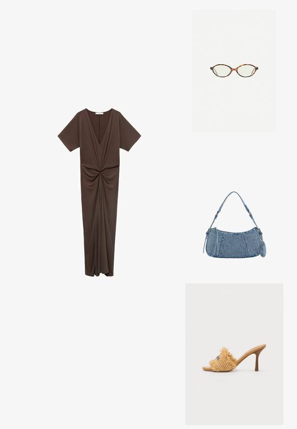 Hnědress s délkou do kolen vyrobený z měkkého materiálu, s hlubokým véčkovým výstřihem, krátkými rukávy a nabíraným detailem v pase. Hladká texturo.; Tkané slámové sandály na vysokém podpatku v hnědé barvě s třásňovým zdobením a modrými akcenty, s kulatou otevřenou špičkou a zužujícím se stiletto podpatkem.; Želvovinové brýle s oválnými čočkami a hladkým, jemným povrchem. Má tenké bočnice s jemným zakřivením v chrámcích. Čiré čočky.; Džínová kabelka s zakřiveným tvarem, světle modré barvy, nastavitelným ramenním popruhem a malou odnímatelnou kapsičkou s metalickými akcenty.