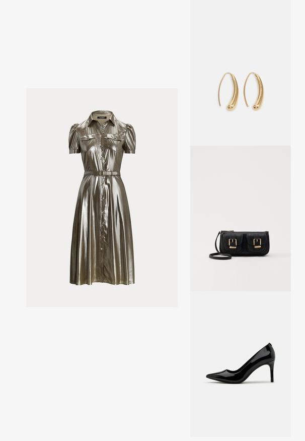 Metallinen hopeanvärinen mekko lyhyillä puffi-hiusilla, napitettavassa edessä, kahdella rintataskulla ja yhteensopivalla vyöllä vyötäröllä. Sujuva rakenne.; Musta lakattu nahkainen korkokenkä, jossa on terävä kärki ja sulava siluetti, ominaisuutena sileä pinta ja minimalistinen muotoilu.; Musta nahkainen olkalaukku, jossa on kaksi etutaskua, kultaiset soljet, vetoketjukiinnitys ja kapea hihna. Teksturoidun pinnan ja kompaktin suorakaiteen muoto.; Korvakorut kultasävytteistä metallista, joissa on kaareva, pitkänomainen muoto. Ominaisuuksiin kuuluu sileä, kiiltävä pinta ja pyöreä kärki lisäyksinä.