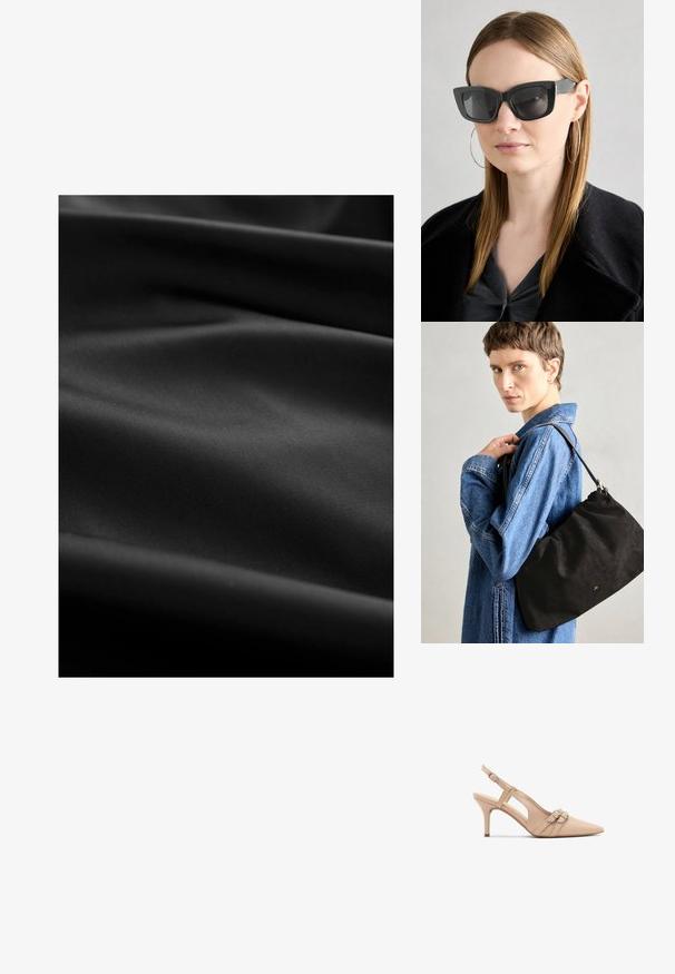 Musta kangas, jossa on sileä pinta ja hienovaraisia taitoksia ja rypytyksiä. Pinta on matta, eikä siinä ole näkyviä kuvioita tai korostuksia.; Beige slingback-korkokengät, joissa on terävä kärki, kaksi koristeellista solkea ja 7 cm:n stilettokorko. Sujuva nahkapinta ja avoimet sivut.; Mustan kissakuvioisen aurinkolasit tummilla linsseillä, paksuilla kehyksillä ja hillityillä yksityiskohdilla. Yhdistetty mustaan takkiin ja harmaaseen paitoihin, joissa on pitkät suorat hiukset.; Musta mokkanahkainen käsilaukku, jossa on pehmeä, rakenteellinen muoto, ohut nahkaremmi ja hienovarainen brändilogo. Mallilla on päällä farkkutakki.