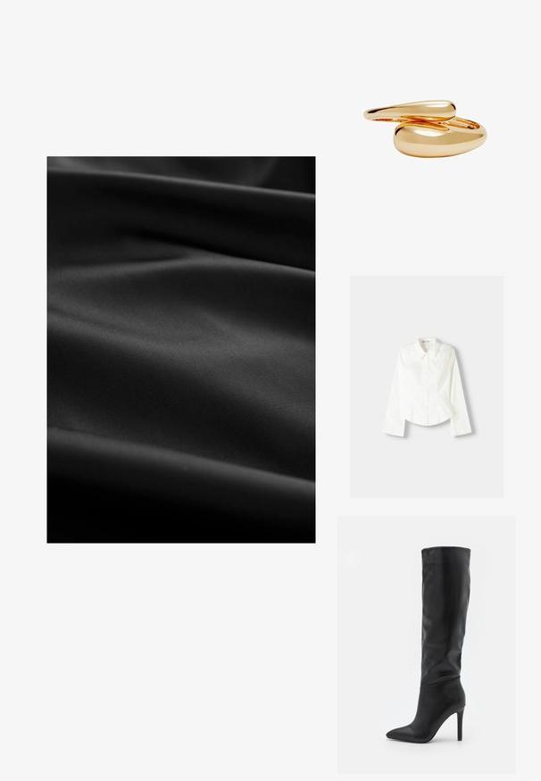 Crna tkanina glatke teksture, s diskretnim naborima i borama. Površina je matirana, bez vidljivih uzoraka ili naglasaka.; Bijela košulja s dugim rukavima, koja ima klasičan ovratnik, strukturiran kroj i suptilne vertikalne šavove za dodatne detalje.; RAID TALISHA - Čizme - black; Prstenovi u zlatnoj boji s glatkim, zaobljenim oblicima koji se isprepliću. Visoko sjajni finiš s reflektirajućom površinom koja prikazuje besprijekoran dizajn.