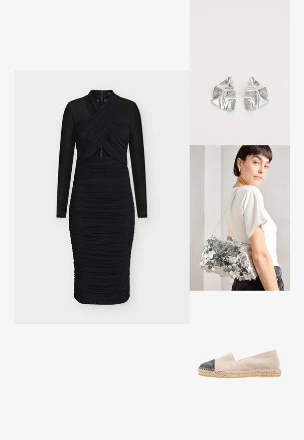 Black dress featuring a ruched design, long sheer sleeves, a wrap-effect bodice, and a central zip closure at the back.; Beige suede espadrille with a black leather cap toe, braided jute outsole, and a simple slip-on design. Smooth texture and lightweight.; Silver sequin handbag with a rectangular shape, smooth texture, and a shoulder strap. Features circular reflective sequins arranged in patterns.; Silver metal earrings with a wavy, sculptural design featuring a polished finish and irregular shapes, highlighting a contemporary aesthetic.