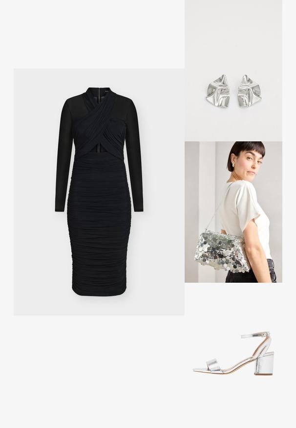 Vestido negro con diseño fruncido, mangas largas transparentes, cuerpo con efecto envolvente y cierre central con cremallera en la parte posterior.; Sandaña de tacón metálico plateado con una amplia banda en la parte delantera, tira en el tobillo y tacón cuadrado. Textura suave con un acabado brillante y diseño minimalista.; Bolso de mano plateado con forma rectangular, textura suave y una correa para el hombro. Presenta lentejuelas reflectantes circulares dispuestas en patrones.; Pendientes de metal plateado con un diseño ondulado y escultórico, que presentan un acabado pulido y formas irregulares, destacando una estética contemporánea.
