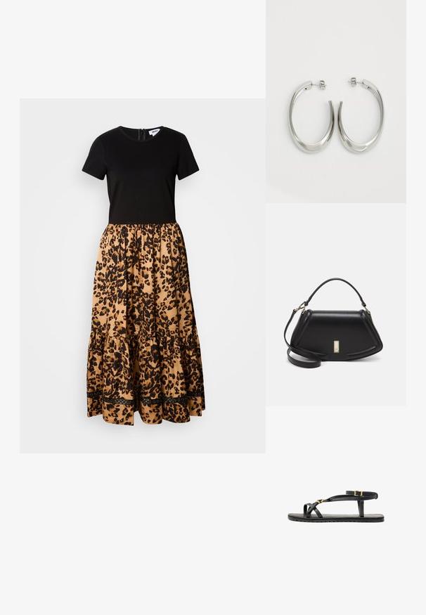 Melnas, īsām piedurknēm krekliņš, kas apvienots ar brūnu dzīvnieku rakstu svārku ar līmeņiem un melniem dekoratīviem akcentiem apakšmalā. Aizmugurē ar rāvējslēdzēju.; Melni ādas sandales ar plāniem siksniņām un ar sprādzi regulējamu potīšu siksnu. Plakans zole ar teksturētu virsmu un zigzaga malu. Minimalistisks dizains.; Melnas ādas roku soma ar struktūru, ar īsu formu, augšējo rokturi un zelta aksesuāriem. Iekļauta regulējama plecu siksna.; Sudraba riņķveida auskari ar gludu, izliekta dizaina formu. Iezīmējas ar spīdīgu metāla apdari un pievienojamu aizdari. Nav redzamu rakstu vai akcentu.