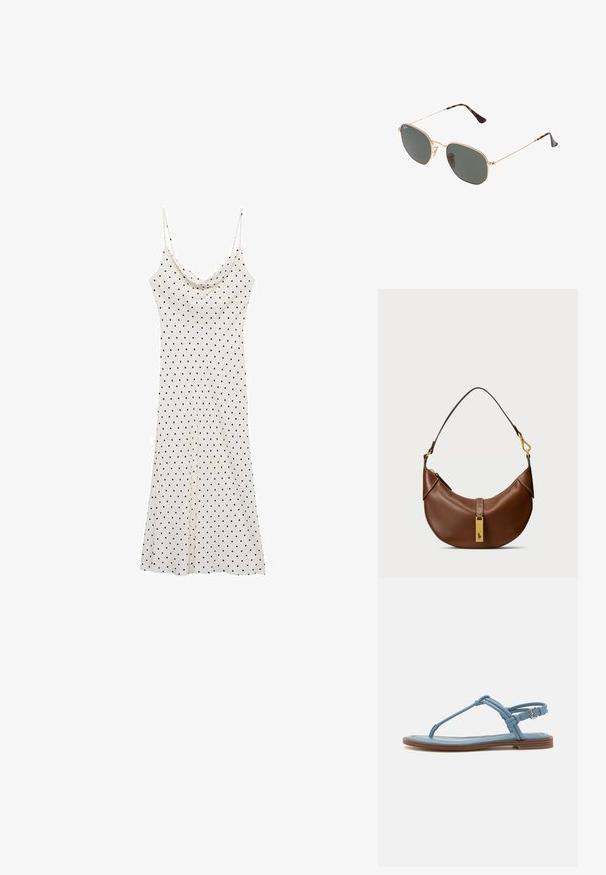 Vestito senza maniche in tessuto morbido e leggero; fondo crema con pois neri; scollatura drappeggiata e silhouette fluida.; Sandalo infradito in pelle blu con suola piatta, caratterizzato da un design a fascia sottile e una chiusura con fibbia alla caviglia per una vestibilità sicura.; Occhiali da sole con montatura in metallo dorato e lenti verde scuro, stile aviator, con aste sottili e dettagli in tartaruga sulle punte.; Borsa a spalla in pelle marrone con forma curvata, hardware dorato, dettaglio con gancio superiore e accento con logo. Texture liscia con bordi cuciti.
