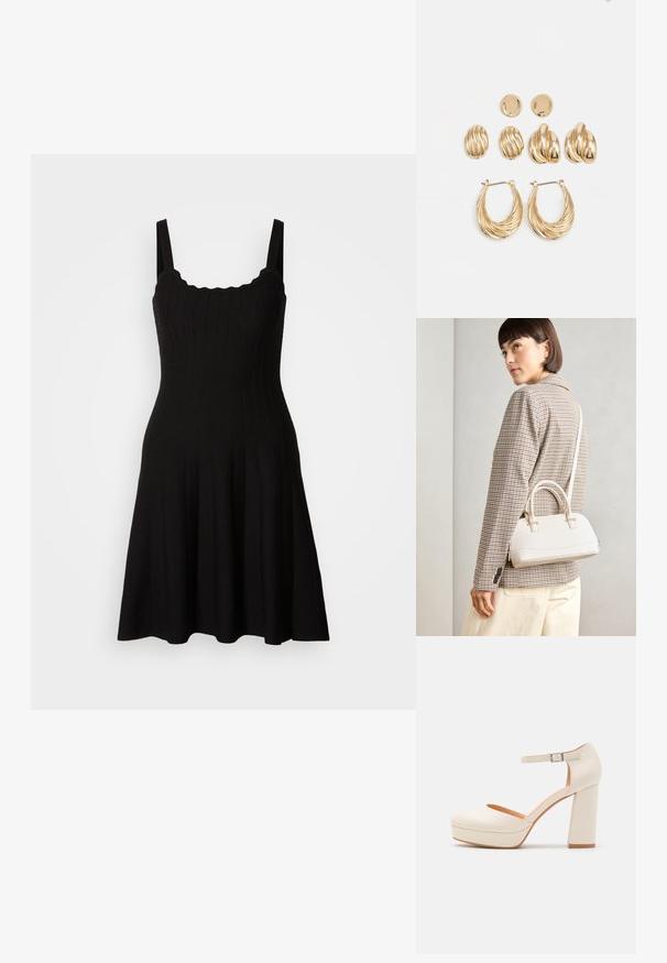 Black ribbed knit dress with a fitted bodice and flared skirt. Features wide straps and a scalloped neckline. Smooth texture, knee-length.; Cream-colored platform heels with a rounded toe and adjustable ankle strap. Features a chunky block heel with a slight wood accent.; White structured handbag with short handles and a shoulder strap, featuring gold hardware accents and textured material, displayed against a grey background.; Gold-toned earrings set featuring three pairs: textured oval studs, wavy design studs, and large hoop earrings with layered ridges.