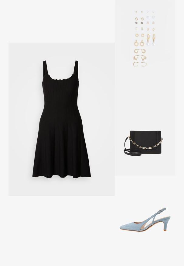 Černé žebrované pletené šaty s upnutým tělem a rozšířenou sukní. Mají široká ramínka a vykrojený výstřih. Hladká textura, po kolena.; Světle modrý semišový slingback s jehlovým špičatým toe, nastavitelné kotníkové zapínání s kovovou sponou, přírodní béžová stélka a nízký podpatek.; Černá kožená crossbody taška s hladkým povrchem, obdélníkovým tvarem a kovovým řetízkem na přední straně. Součástí je nastavitelný popruh.; Sada náušnic ve zlatém tónu s různými designy, včetně pecek, kruhů a visacích kousků s perlami a rhinestony.